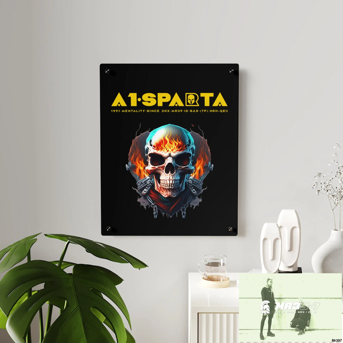 A1-Sparta Flame Biker Skull Graphic Acrylic Wall Art Panels Home Decor