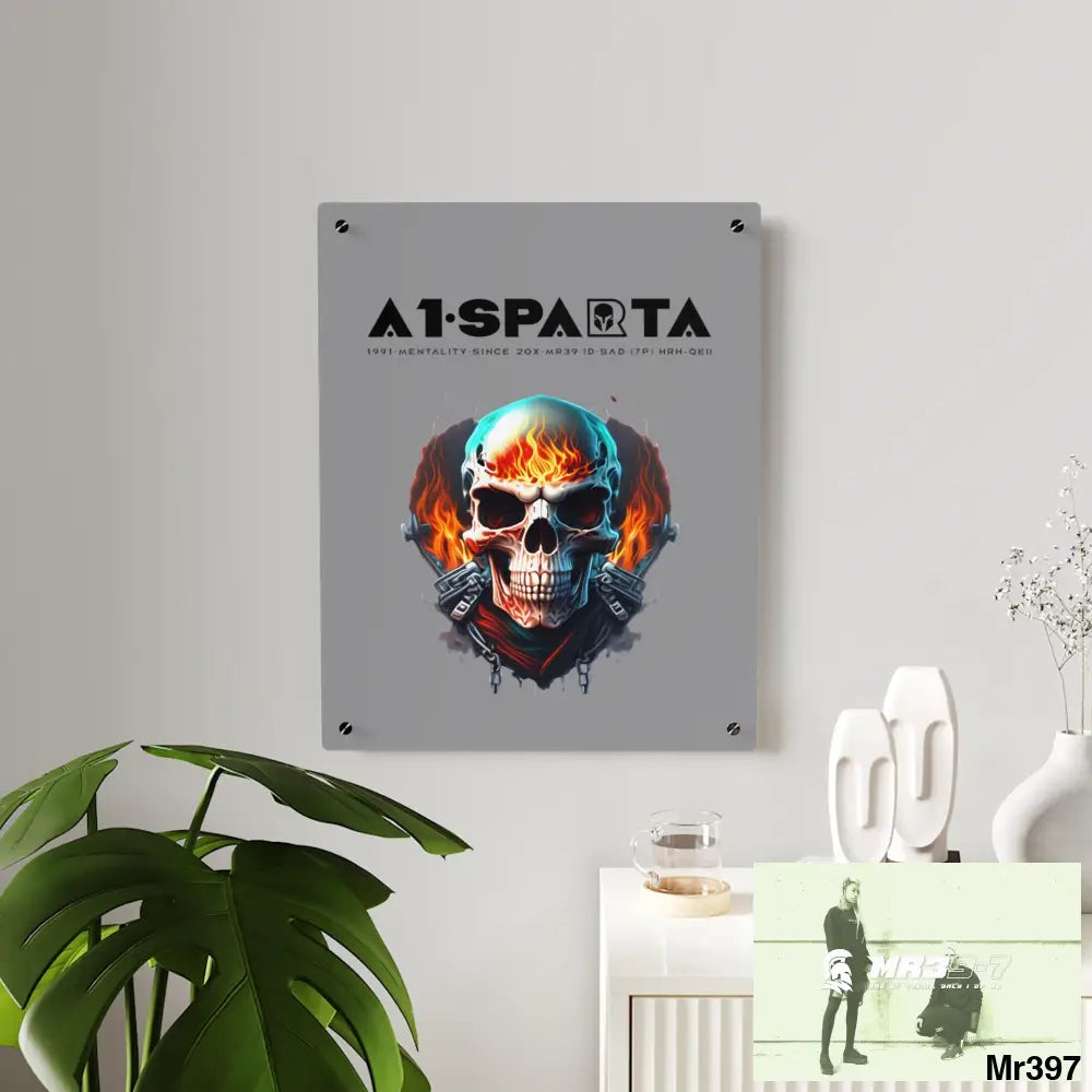 A1-Sparta Flame Biker Skull Graphic Acrylic Wall Art Panels Home Decor