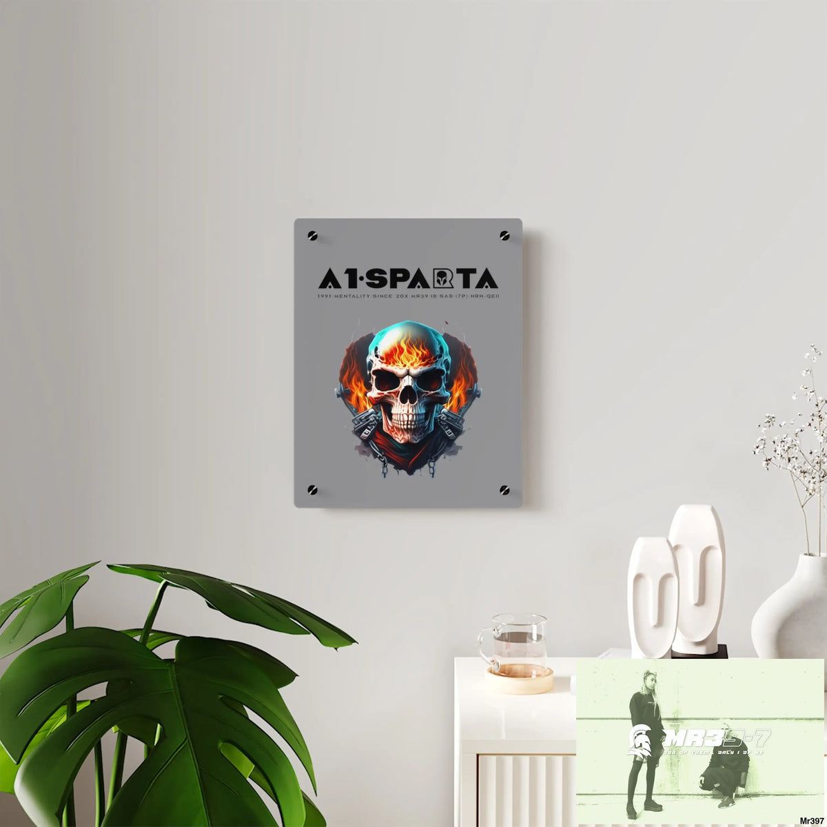 A1-Sparta Flame Biker Skull Graphic Acrylic Wall Art Panels Home Decor