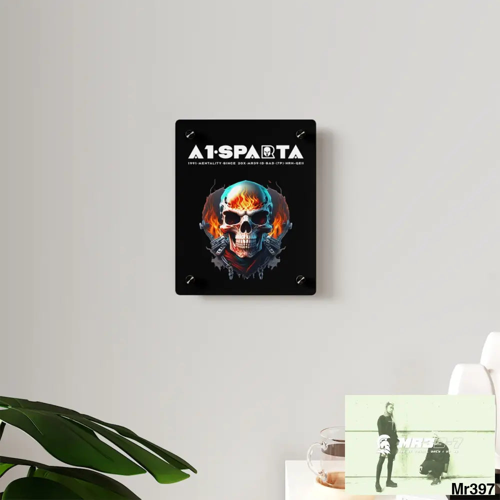 A1-Sparta Flame Biker Skull Graphic Acrylic Wall Art Panels Home Decor