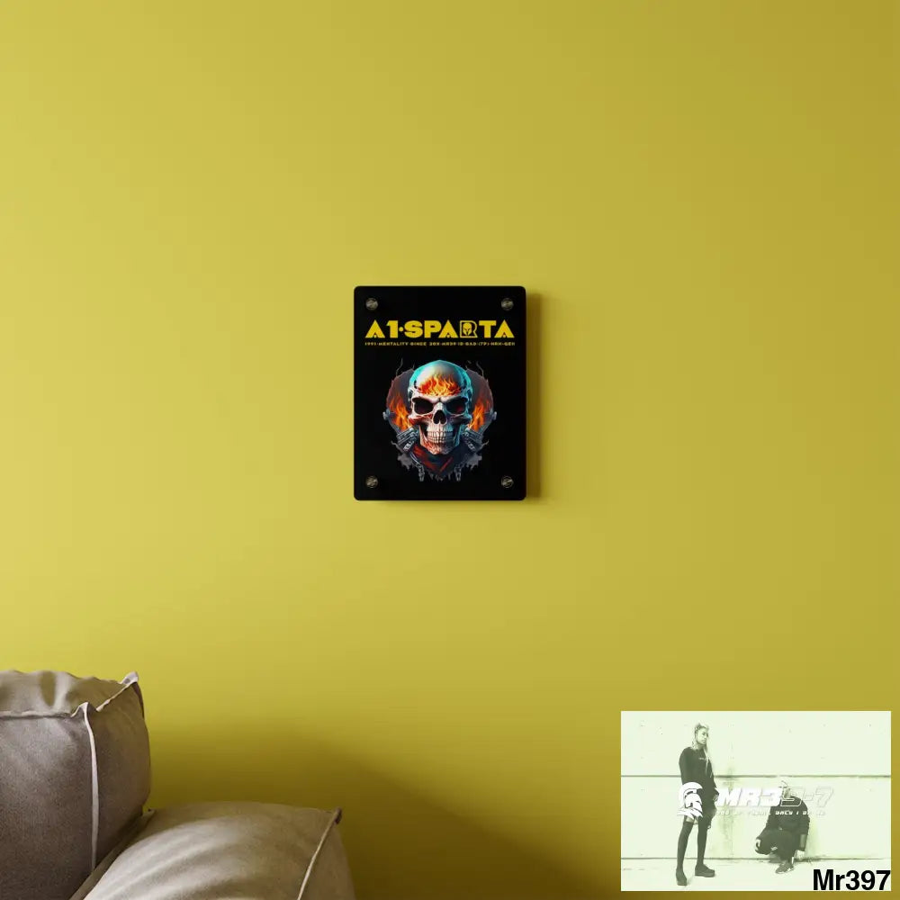 A1-Sparta Flame Biker Skull Graphic Acrylic Wall Art Panels Home Decor