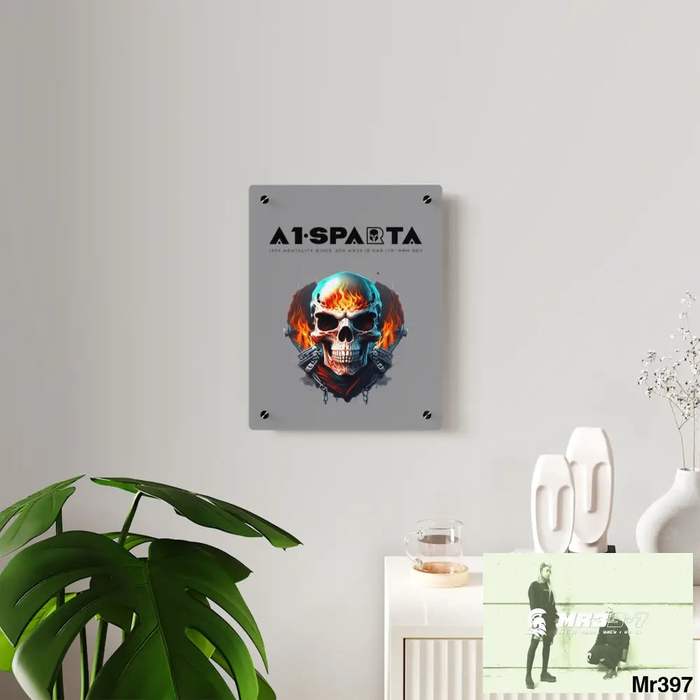 A1-Sparta Flame Biker Skull Graphic Acrylic Wall Art Panels Home Decor