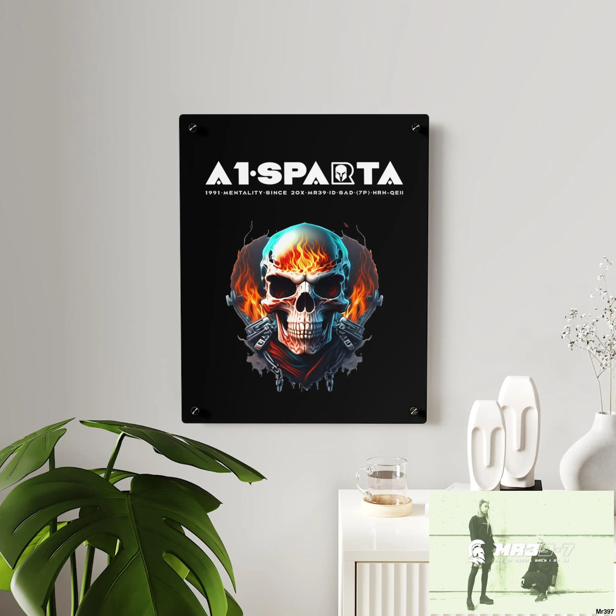A1-Sparta Flame Biker Skull Graphic Acrylic Wall Art Panels Home Decor