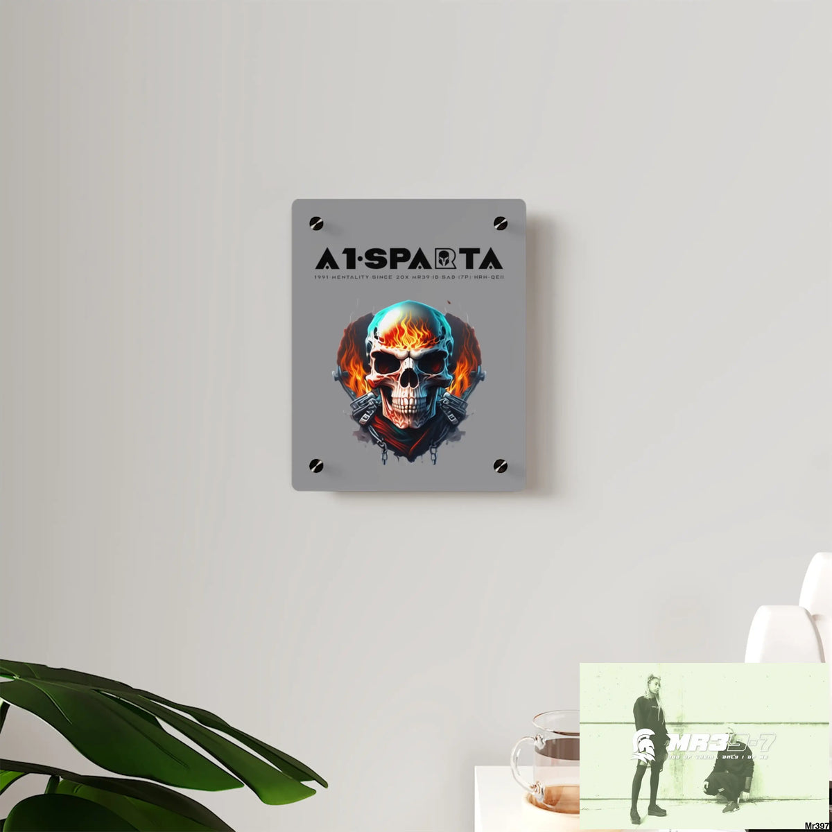 A1-Sparta Flame Biker Skull Graphic Acrylic Wall Art Panels Home Decor