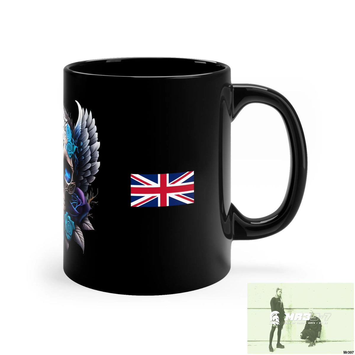 A1- Sparta GBR Gothic Skull with Black Wings and Blue Roses 11oz Black Mug 11oz Mug