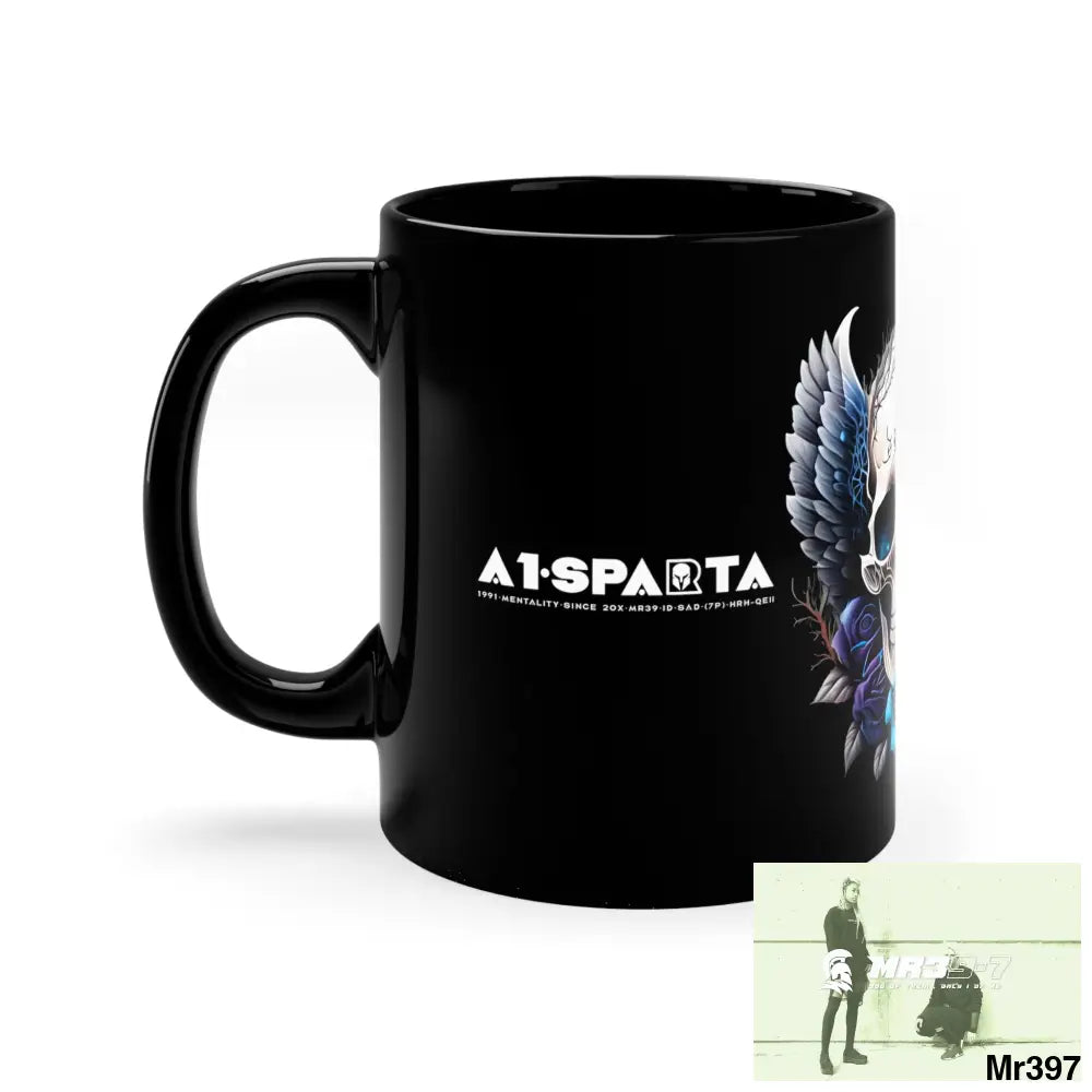 A1- Sparta GBR Gothic Skull with Black Wings and Blue Roses 11oz Black Mug 11oz Mug