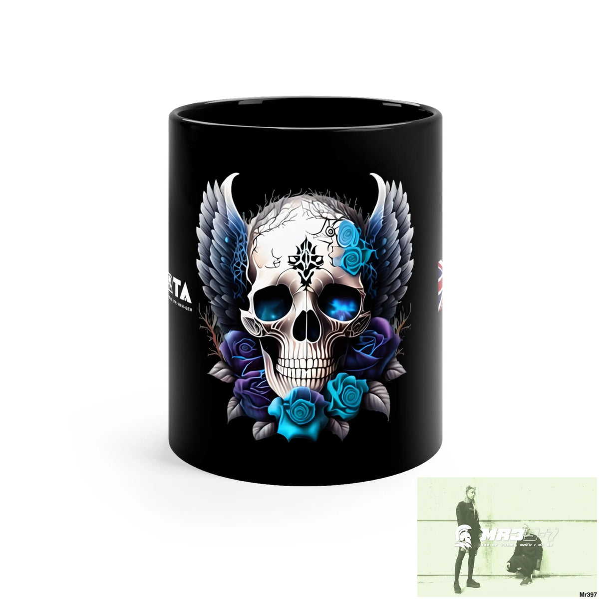 A1- Sparta GBR Gothic Skull with Black Wings and Blue Roses 11oz Black Mug 11oz Mug