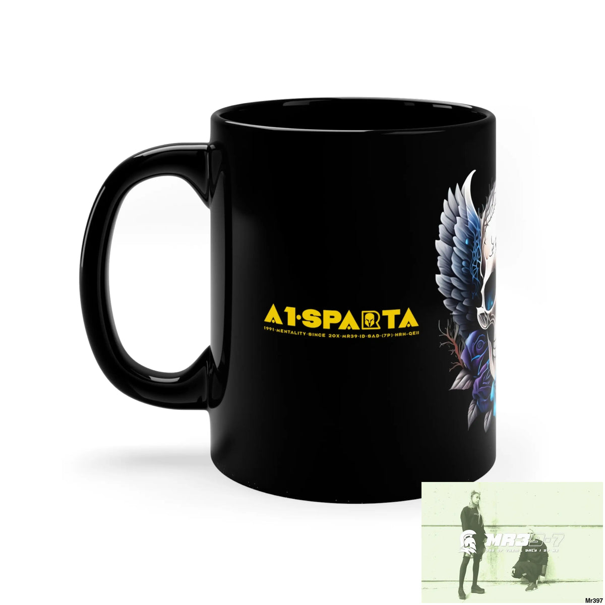 A1- Sparta GBR Gothic Skull with Black Wings and Blue Roses 11oz Black Mug 11oz Mug