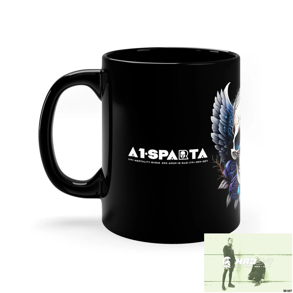 A1- Sparta GBR Gothic Skull with Black Wings and Blue Roses 11oz Black Mug 11oz Mug