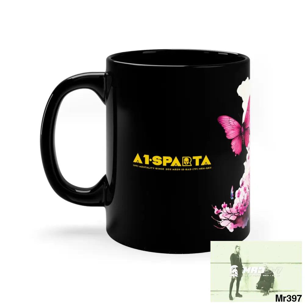 A1- Sparta GBR Pink Butterfly on Ornamental Cherry Tree Branch 11oz Black Mug 11oz Mug