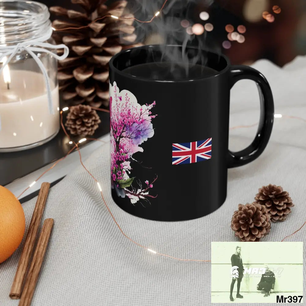 A1- Sparta GBR Pink Butterfly on Ornamental Cherry Tree Branch 11oz Black Mug 11oz Mug