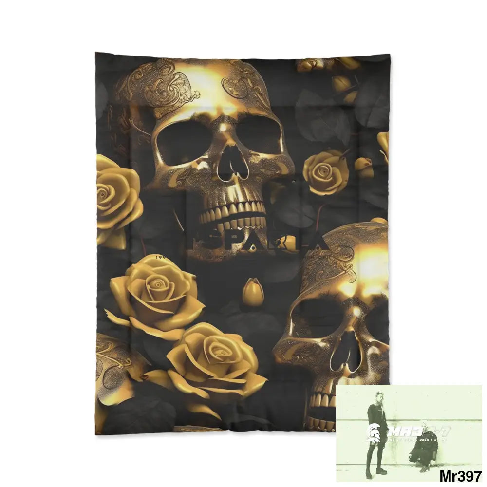 A1-Sparta Gold Skulls & Roses Comforter 68’’ × 88’’ Home Decor