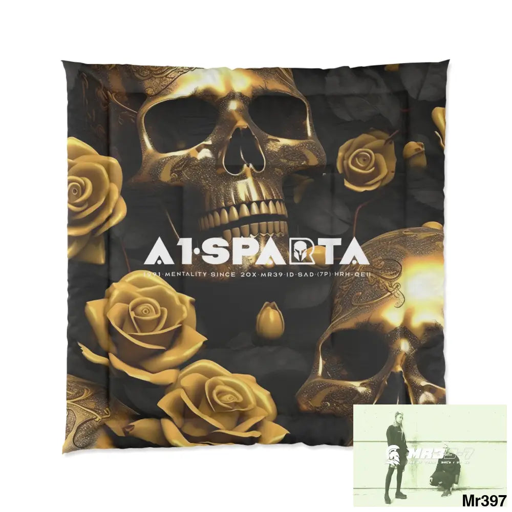 A1-Sparta Gold Skulls & Roses Comforter 88’’ × 88’’ Home Decor