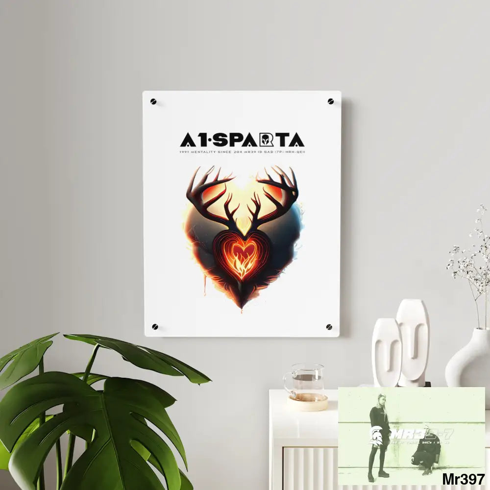 A1-Sparta Heart of Fire Stag Antler Graphic Acrylic Wall Art Panels Home Decor