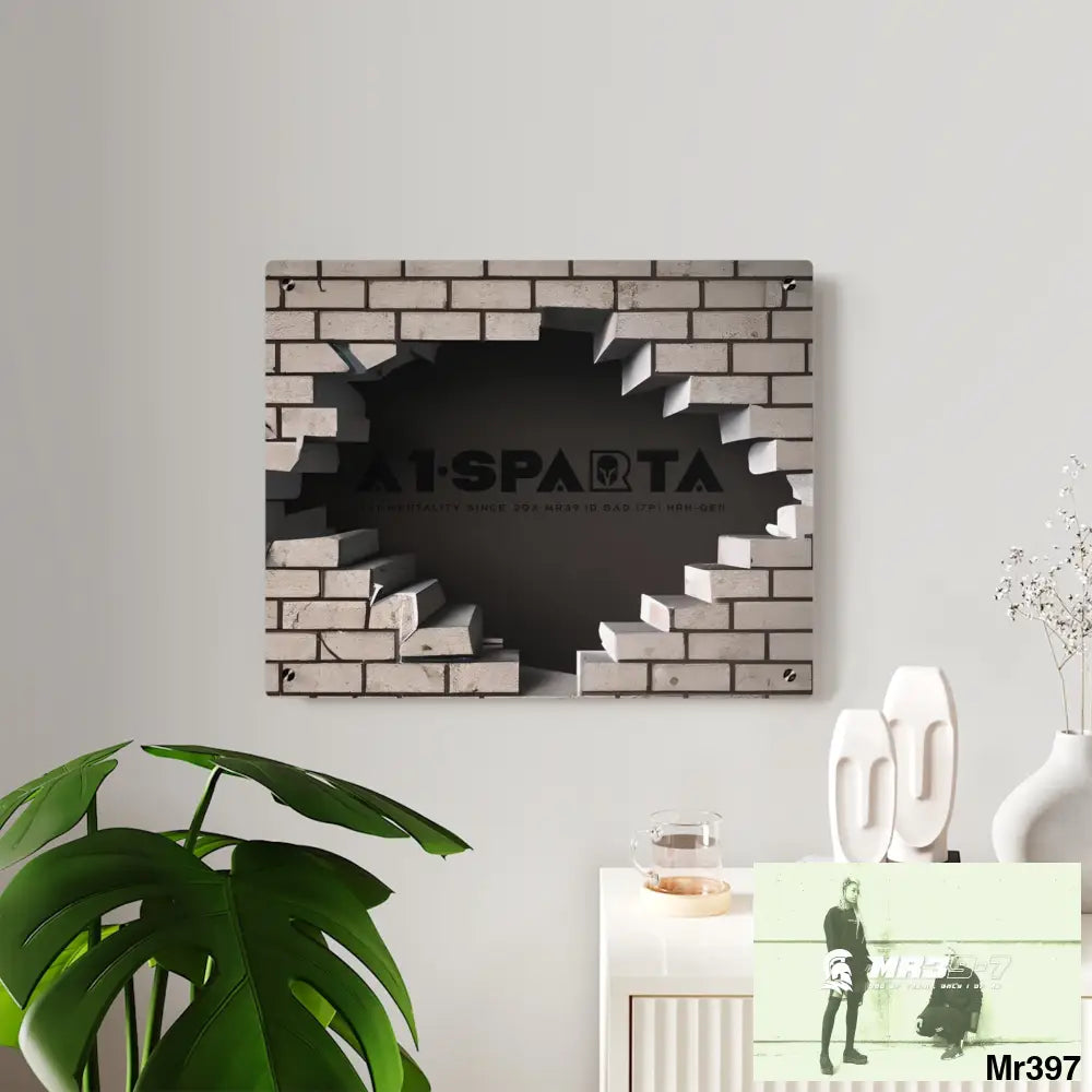 A1-Sparta Through the 3D Cracked Brick Wall Graphic Acrylic Wall Art Panels Home Decor