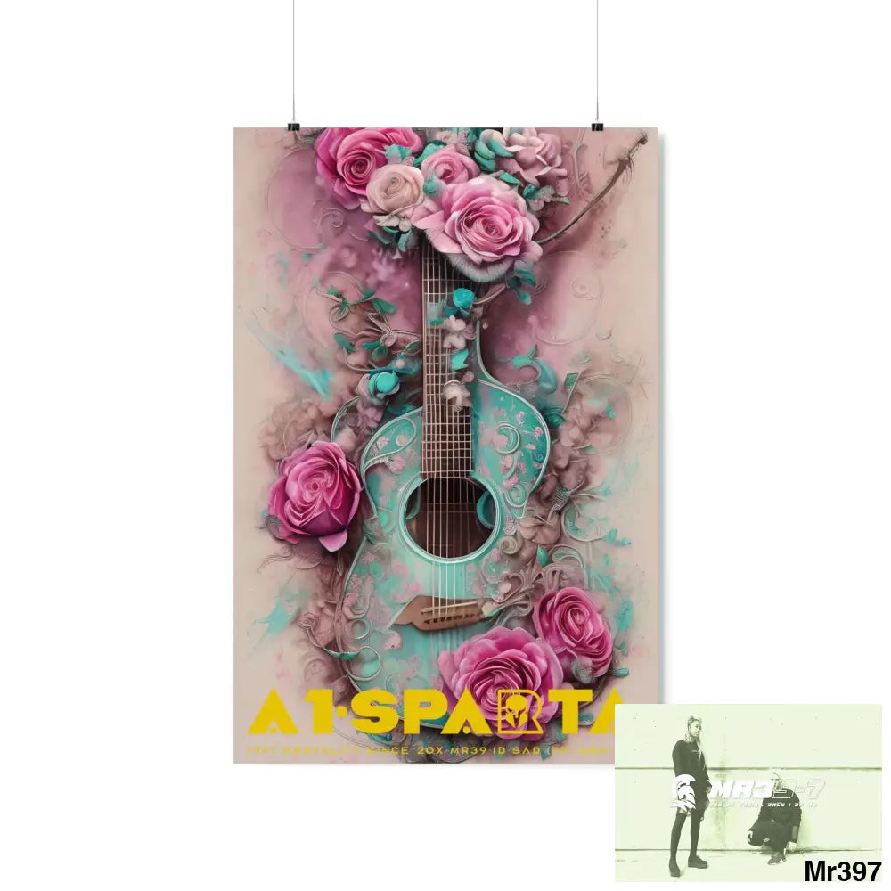 A1.Sparta with pink roses and guitar Matte Vertical Posters 20″ x 30″ / Matte Poster