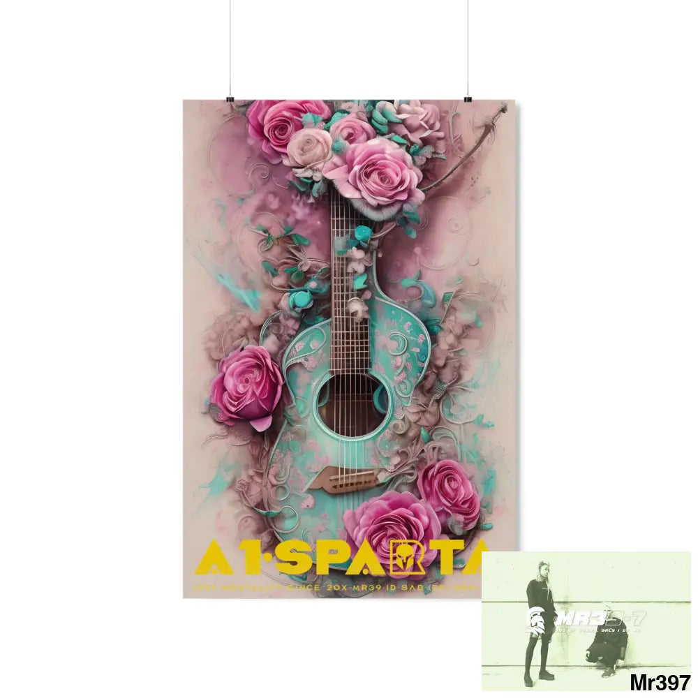 A1.Sparta with pink roses and guitar Matte Vertical Posters 24″ x 36″ / Matte Poster