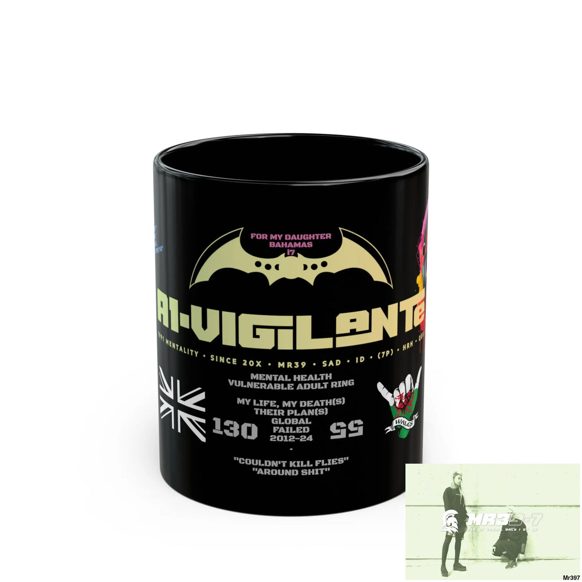 A1• Vigilante 11oz Tactical GB / Wales Black Mug Mental Health VAR / My Life My Deaths Their Plans Failed Couldn’t kill
