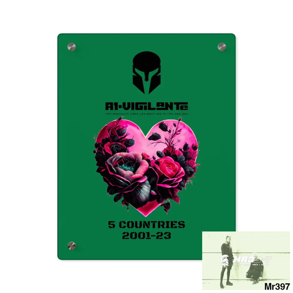 A1-Vigilante 5 Countries 2001-23 Heart made of pink roses with black accents Acrylic Wall Art Panels 11″ x 14″