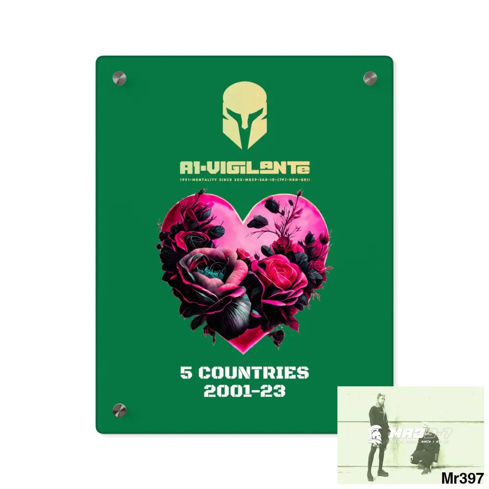 A1-Vigilante 5 Countries 2001-23 Heart made of pink roses with black accents Acrylic Wall Art Panels 11″ x 14″