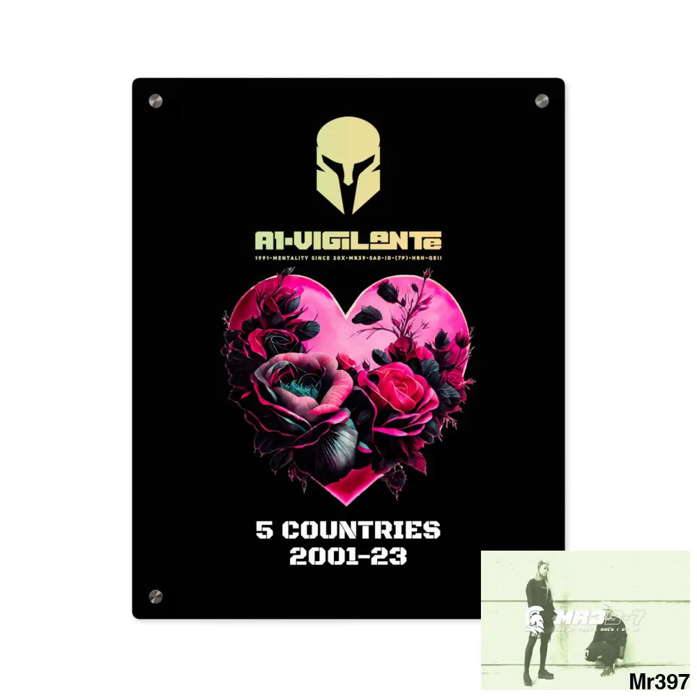 A1-Vigilante 5 Countries 2001-23 Heart made of pink roses with black accents Acrylic Wall Art Panels 16″ x 20″