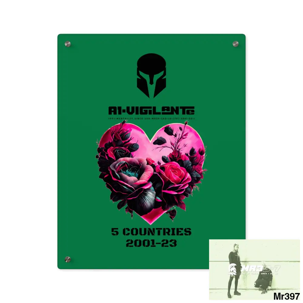 A1-Vigilante 5 Countries 2001-23 Heart made of pink roses with black accents Acrylic Wall Art Panels 16″ x 20″