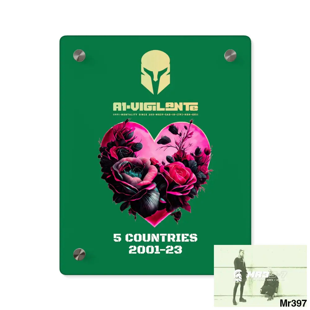 A1-Vigilante 5 Countries 2001-23 Heart made of pink roses with black accents Acrylic Wall Art Panels 8″ x 10″
