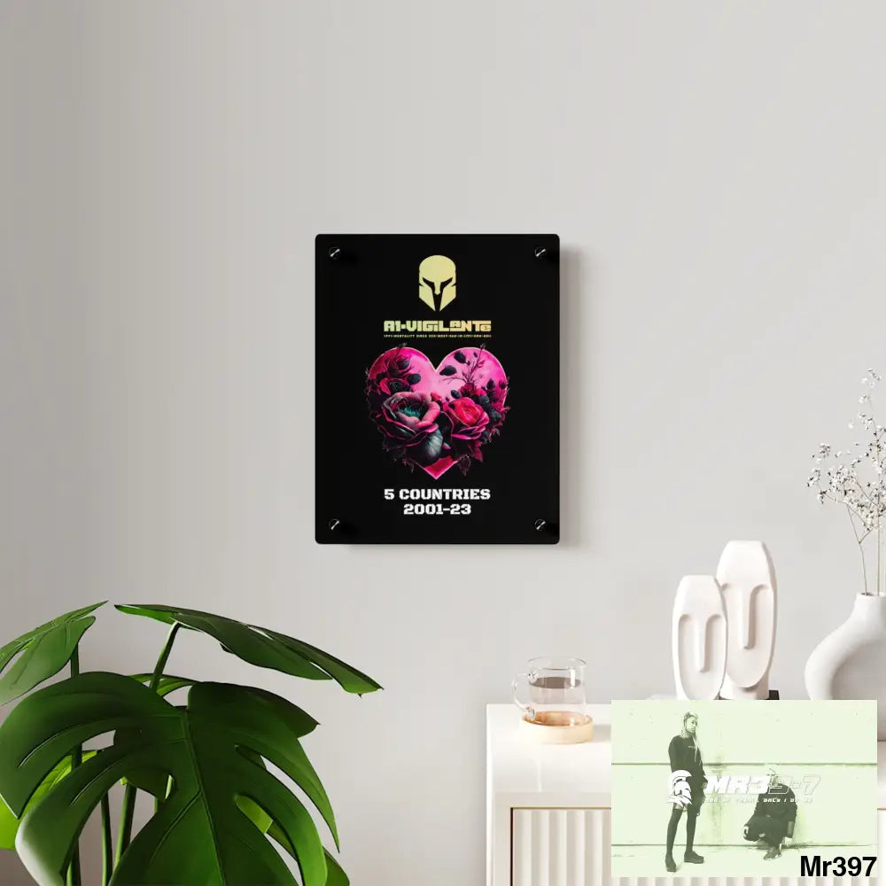 A1-Vigilante 5 Countries 2001-23 Heart made of pink roses with black accents Acrylic Wall Art Panels Home Decor