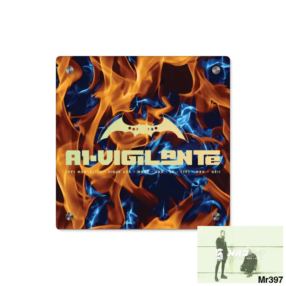 A1-Vigilante Blue Explosion Flames on a Dark Background Acrylic Wall Art Panels 11’’ x 11’’ (Square) / 0.25’’ Home Decor