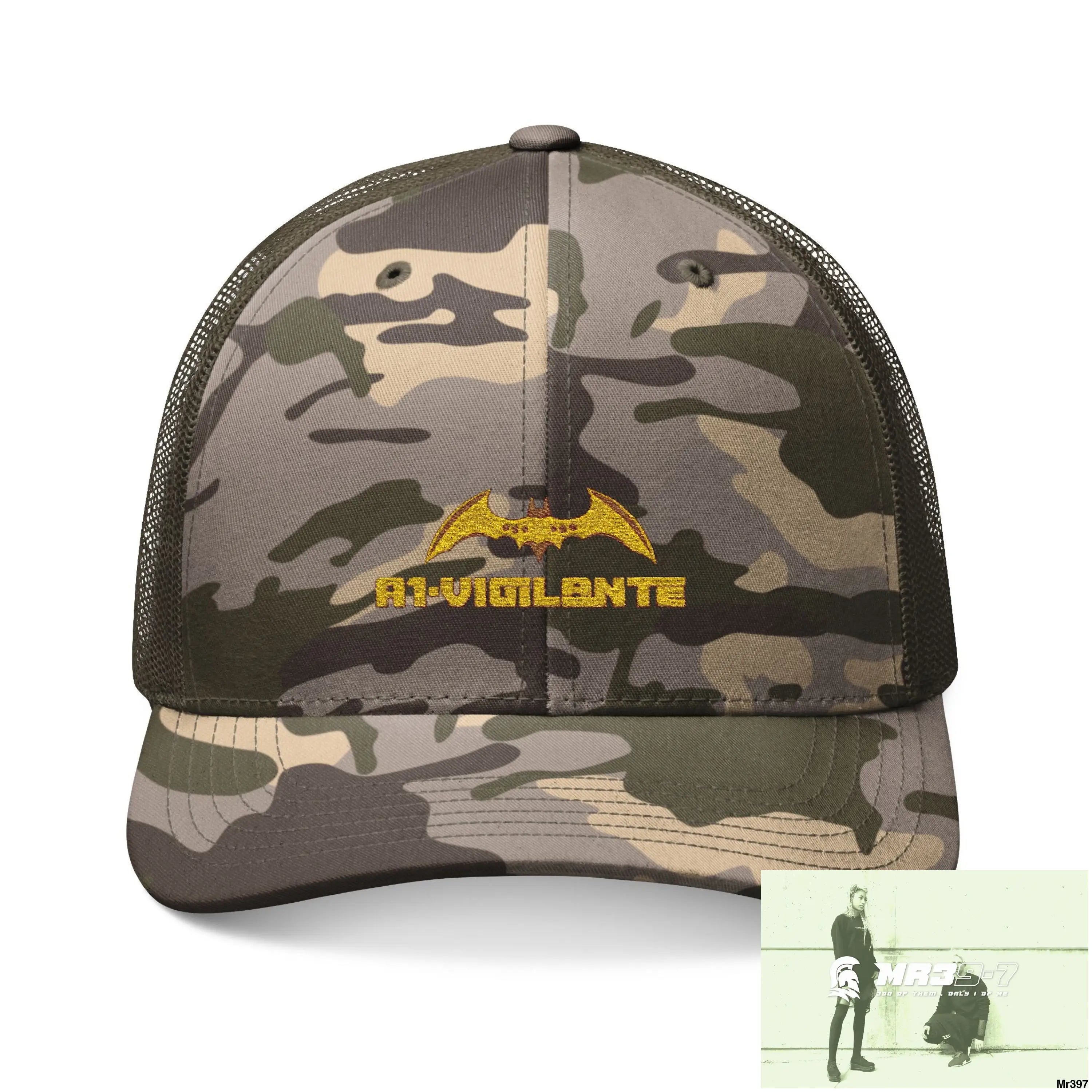 A1 Vigilante Camouflage Trucker Hat with Embroidery | Military Style Cap Outdoor Adventure Gear Hunting Accessories