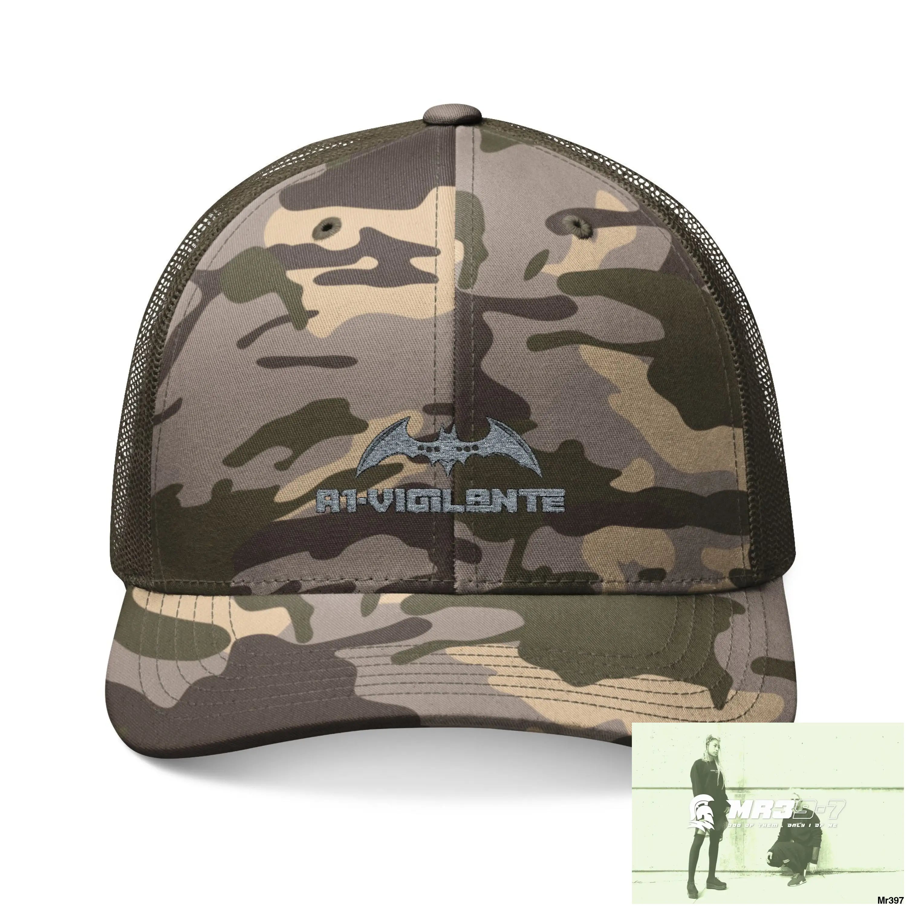 A1 Vigilante Camouflage Trucker Hat with Embroidery | Military Style Cap Outdoor Adventure Gear Hunting Accessories