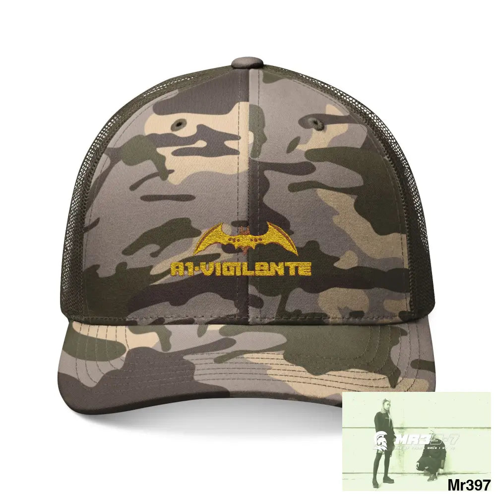 A1 Vigilante Camouflage Trucker Hat with Embroidery | Military Style Cap Outdoor Adventure Gear Hunting Accessories