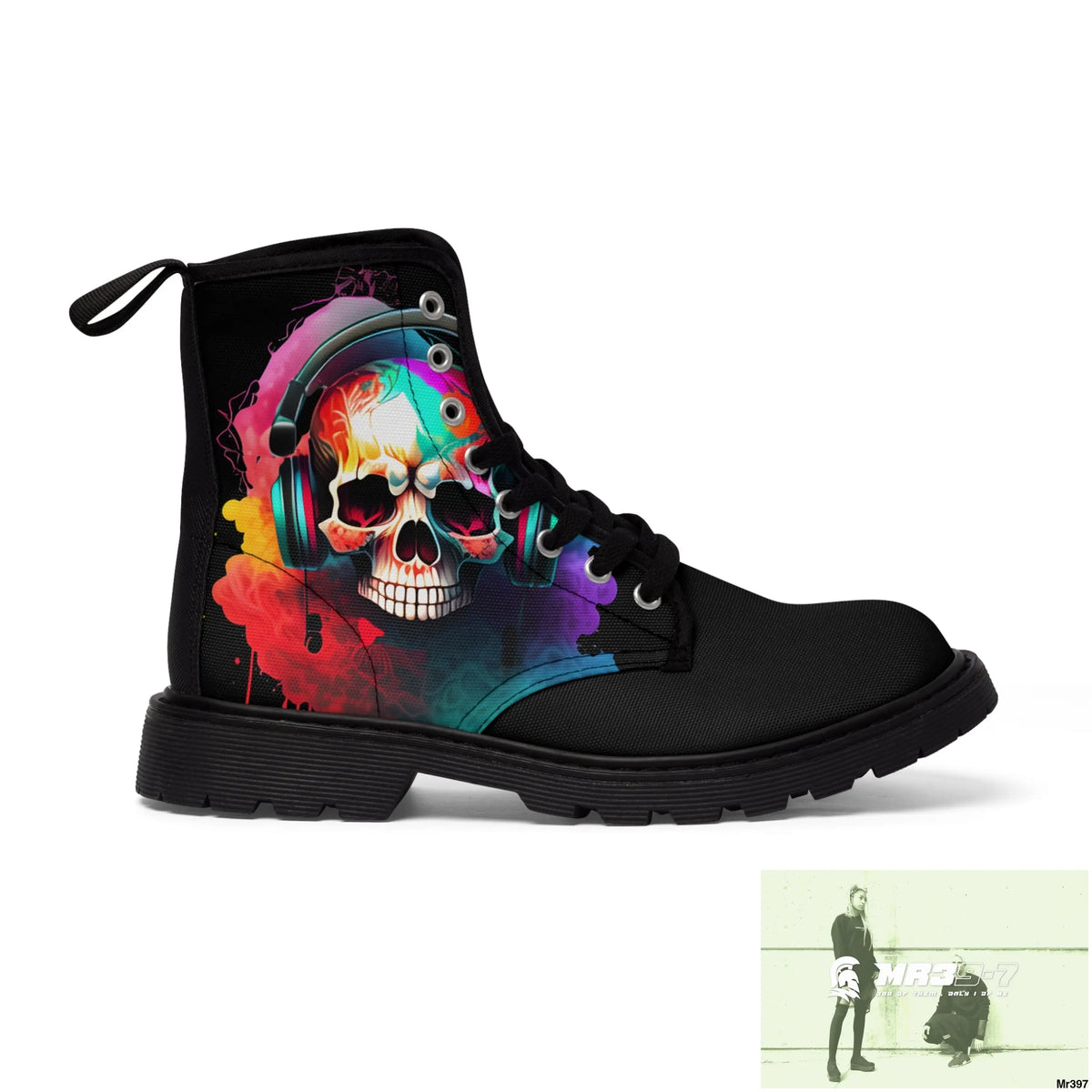 A1- Vigilante Colourful Skull Headphones Black Canvas Boots Shoes