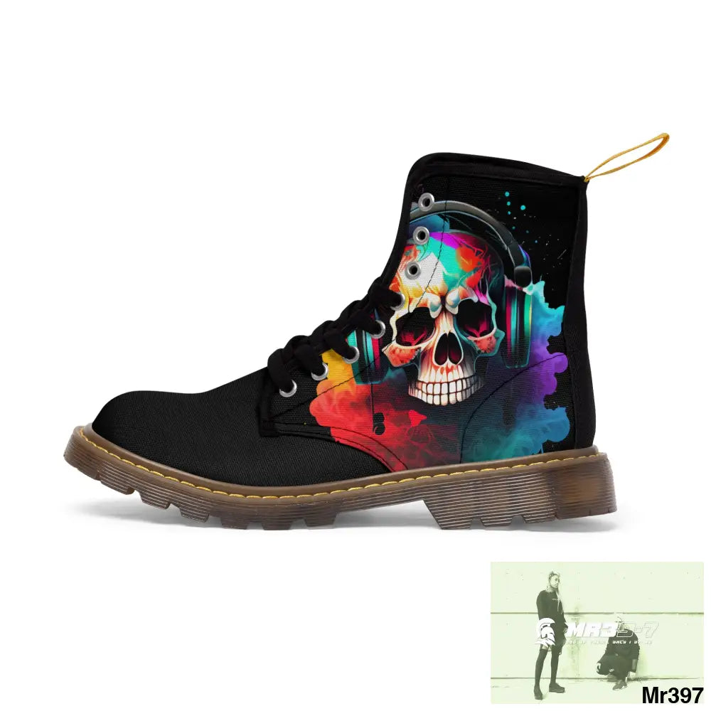 A1- Vigilante Colourful Skull Headphones Black Canvas Boots Shoes