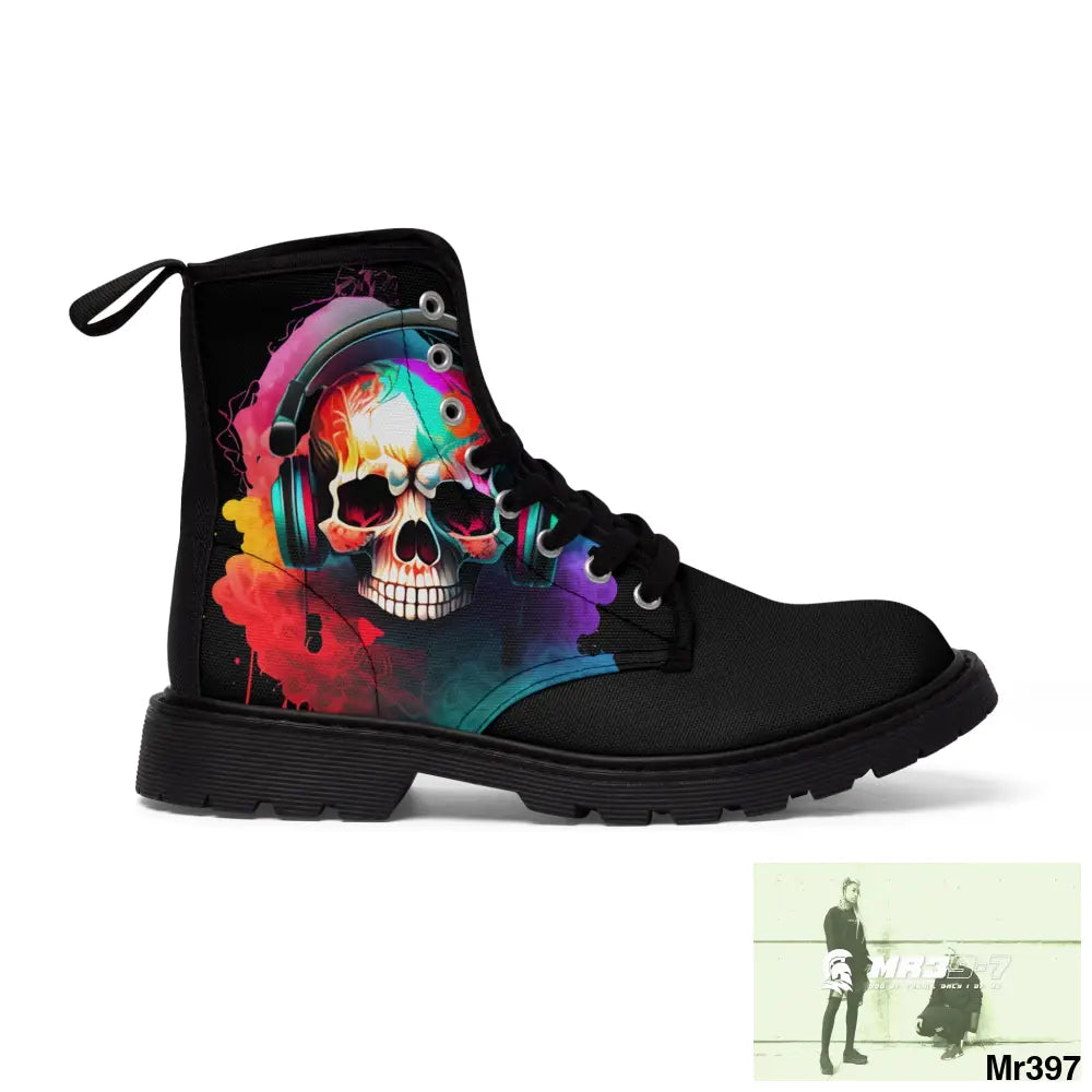 A1- Vigilante Colourful Skull Headphones Black Canvas Boots Shoes