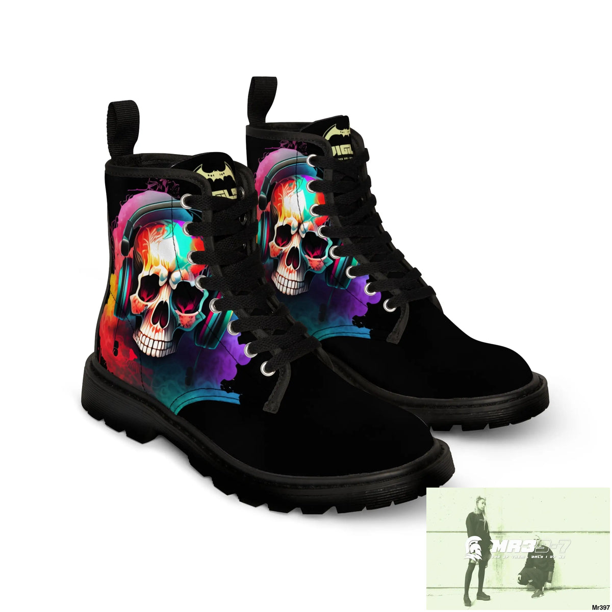 A1- Vigilante Colourful Skull Headphones Black Canvas Boots Shoes