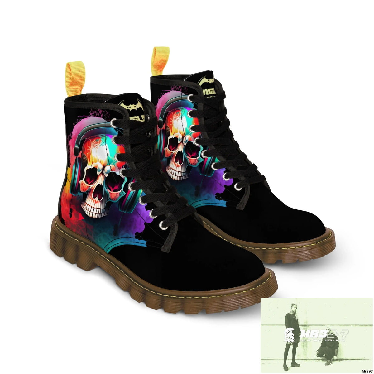 A1- Vigilante Colourful Skull Headphones Black Canvas Boots Shoes