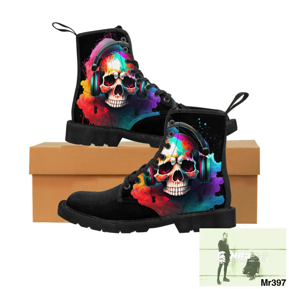 A1- Vigilante Colourful Skull Headphones Black Canvas Boots US 7 / Black sole Shoes
