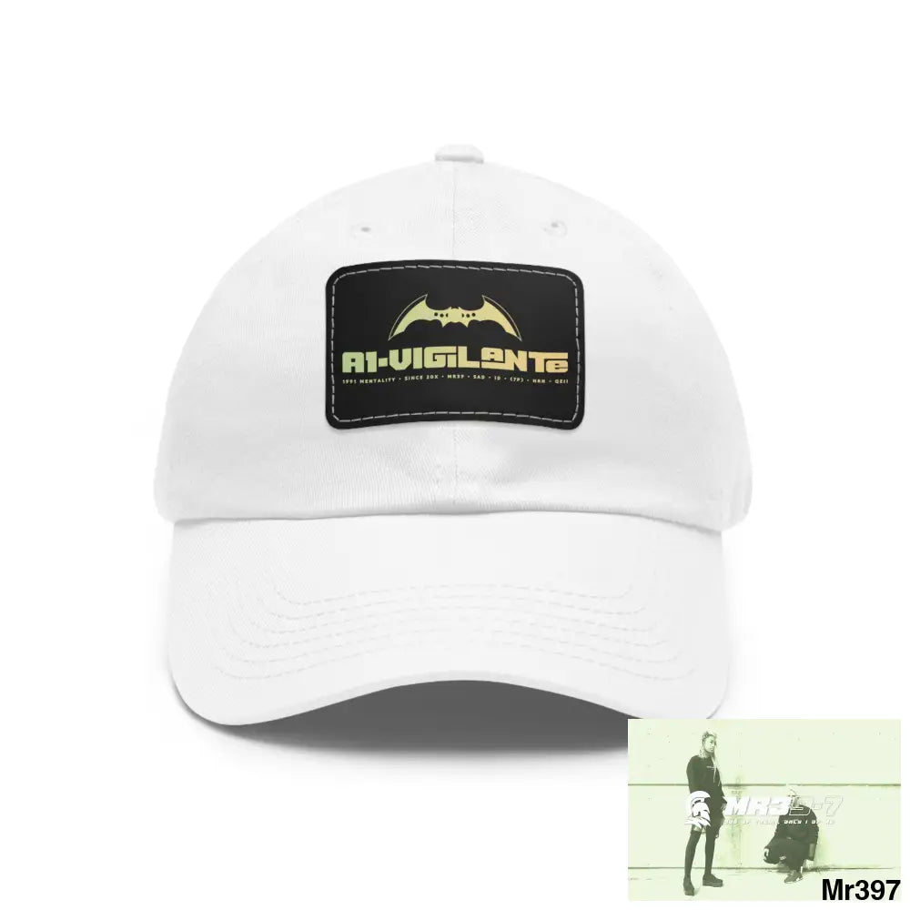 A1•Vigilante Dad Hat with Leather Patch (Rectangle) White / Black patch / Rectangle / One size Hats