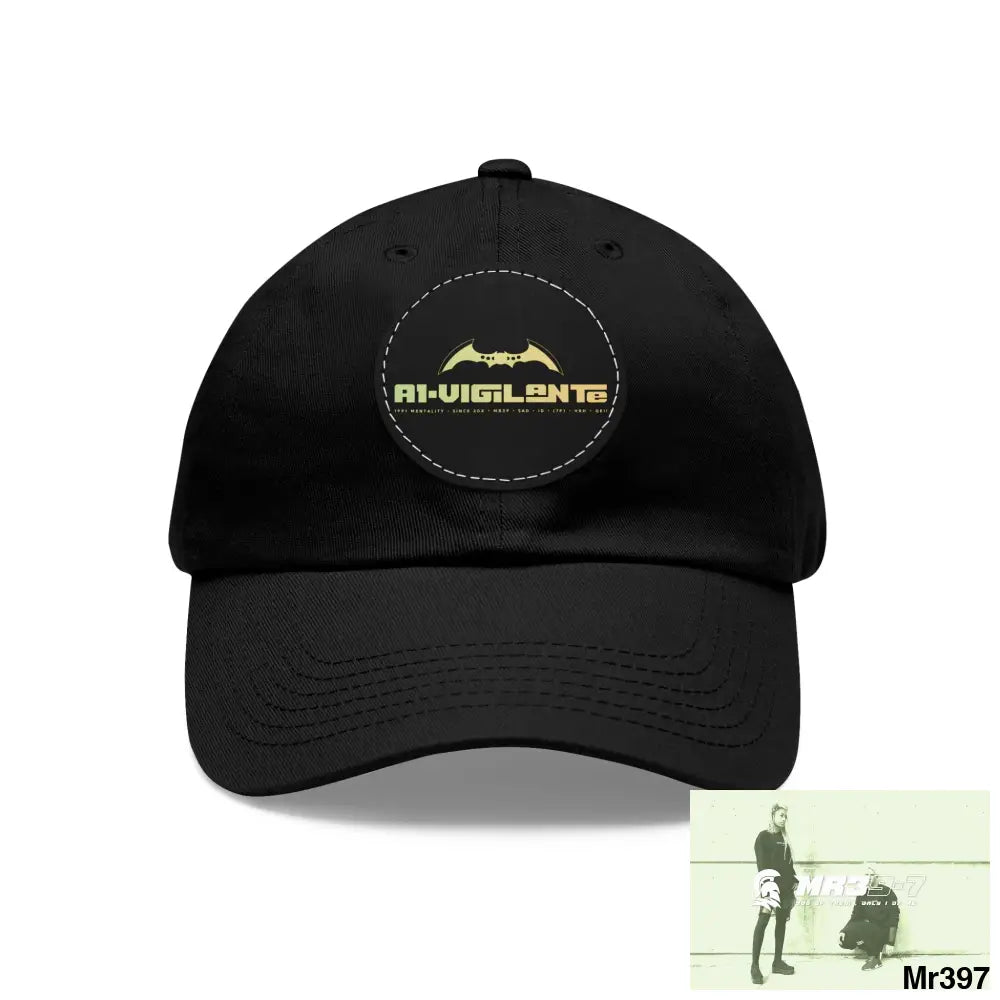 A1.Vigilante Dad Hat with Leather Patch (Round) Black / Black patch / Circle / One size Hats