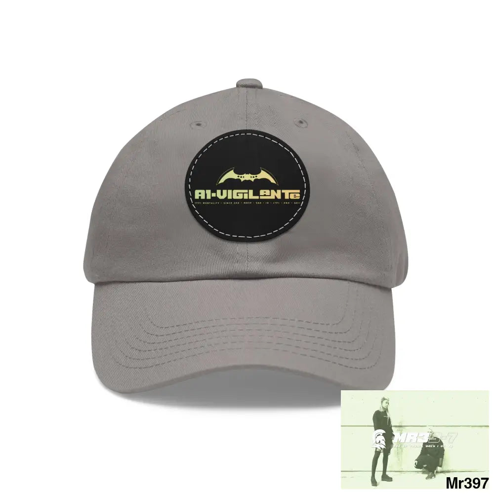 A1.Vigilante Dad Hat with Leather Patch (Round) Grey / Black patch / Circle / One size Hats
