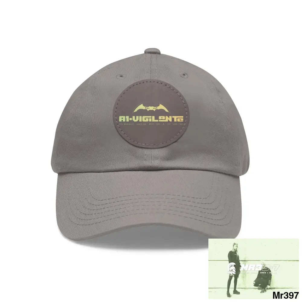A1.Vigilante Dad Hat with Leather Patch (Round) Grey / Grey patch / Circle / One size Hats