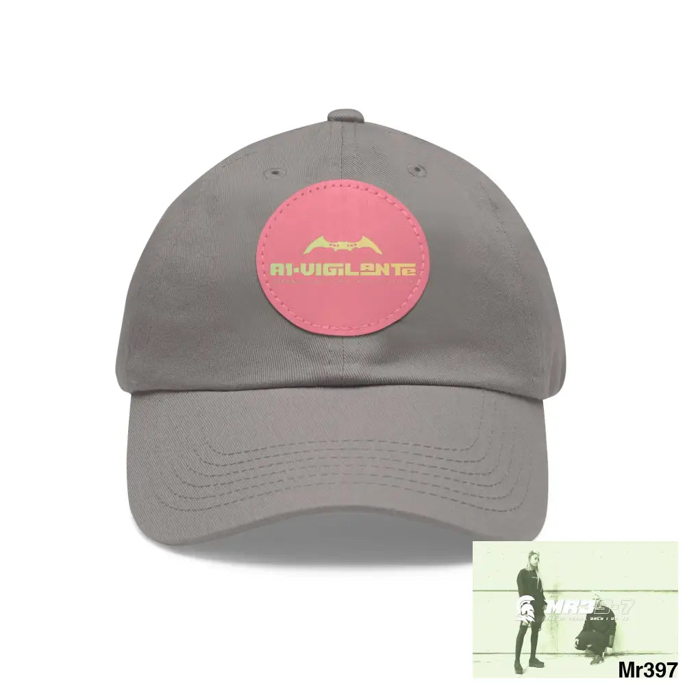 A1.Vigilante Dad Hat with Leather Patch (Round) Grey / Pink patch / Circle / One size Hats