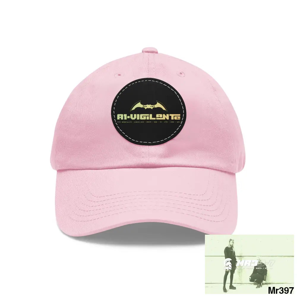 A1.Vigilante Dad Hat with Leather Patch (Round) Light Pink / Black patch / Circle / One size Hats