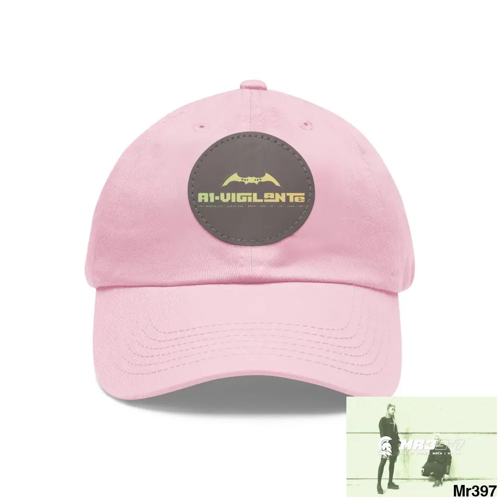 A1.Vigilante Dad Hat with Leather Patch (Round) Light Pink / Grey patch / Circle / One size Hats