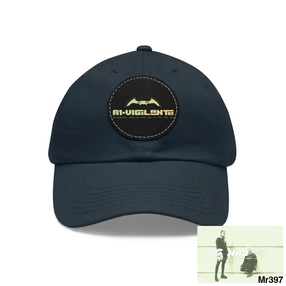 A1.Vigilante Dad Hat with Leather Patch (Round) Navy / Black patch / Circle / One size Hats