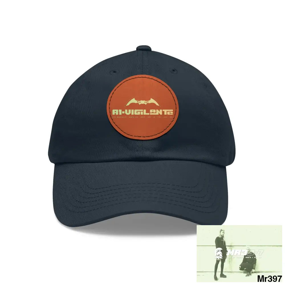 A1.Vigilante Dad Hat with Leather Patch (Round) Navy / Light Brown patch / Circle / One size Hats