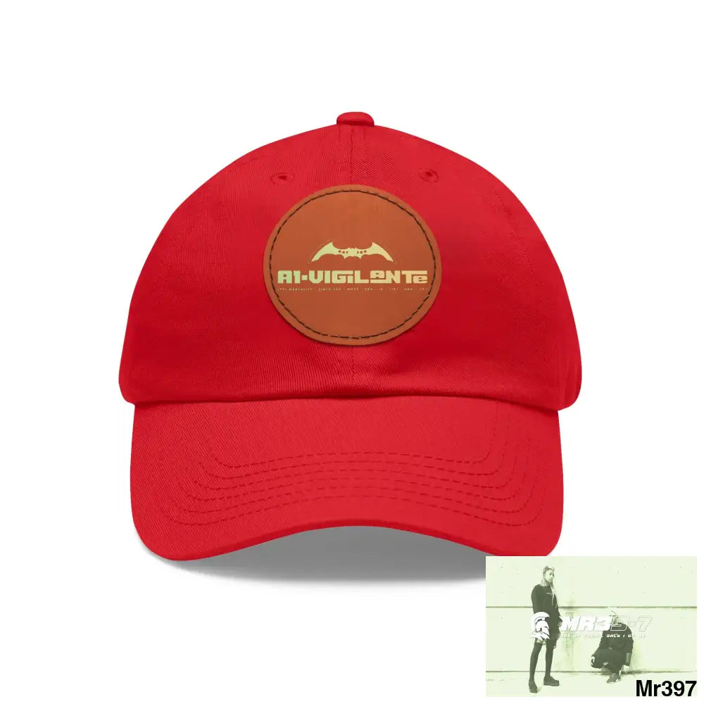A1.Vigilante Dad Hat with Leather Patch (Round) Red / Light Brown patch / Circle / One size Hats