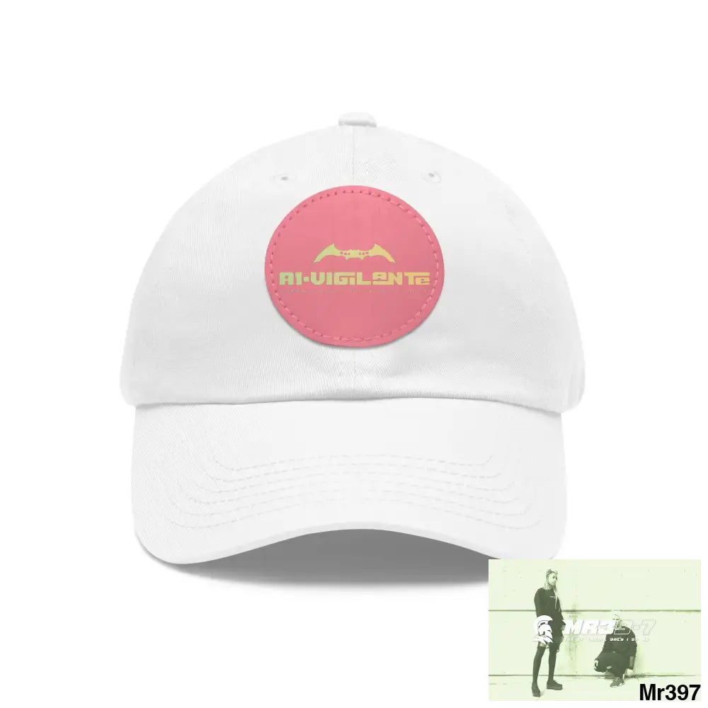 A1.Vigilante Dad Hat with Leather Patch (Round) White / Pink patch / Circle / One size Hats