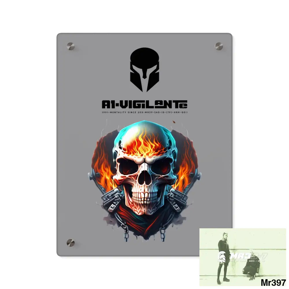 A1-Vigilante Flame Biker Skull Graphic Acrylic Wall Art Panels 11″ x 14″ (Vertical) / 0.25’’ Home Decor